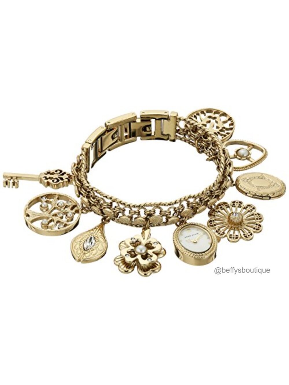 Crystal Accented Charm Bracelet Watch Gold-Tone Stainless Steel